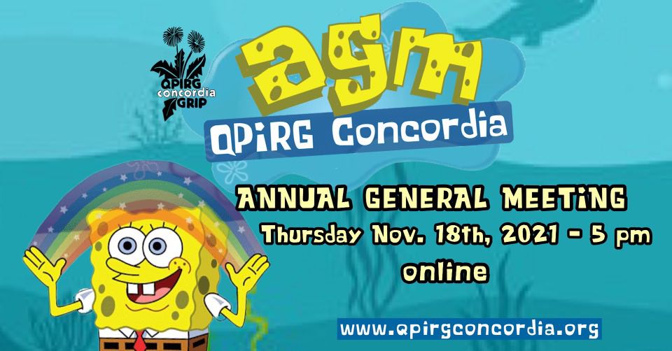 promotional graphic for QPIRG AGM with an image of Spongebob holding a rainbow
